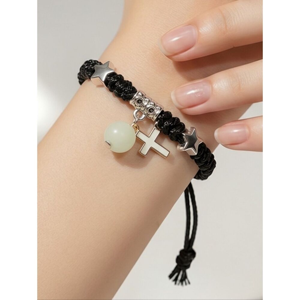 Glow-In-The-Dark Cross Charm Bracelet ✝️ Adjustable Faith Wristband Black Cord